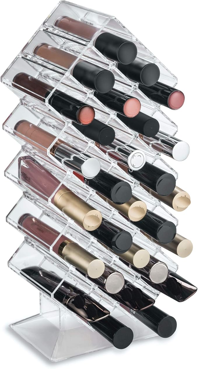BY ALEGORY (Set Of 2) Acrylic Lip Gloss Makeup Organizer 28 Space Storage w/Deep Slots Designed To Stand Lay Flat & Be Stacked Refillable Cosmetic Container - Clear