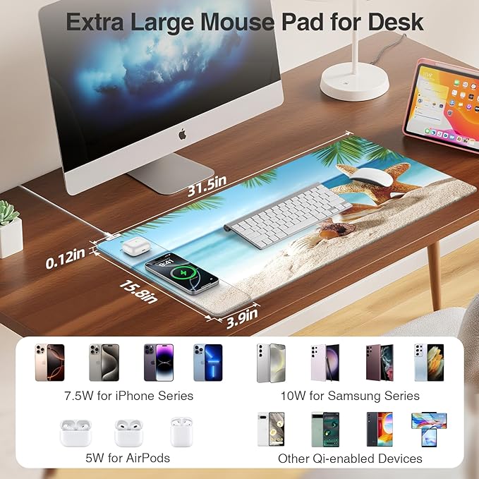Wireless Charging Mouse Pad, 31.5"x15.8" Large Gaming Desk Mat for Keyboard/Laptop, Waterproof Ultra-Smooth Surface, Non-Slip Base, with 20W PD Adapter, Summer Beach