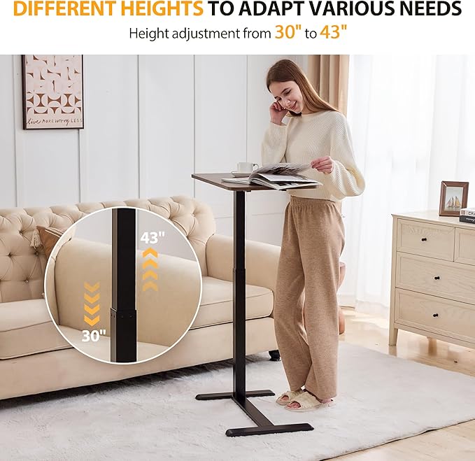 Overbed Table with Hidden Wheels, Height Adjustable Medical Bed Table Hospital Bedside Table, 28" W x 16" D Rolling Laptop Standing Desk for Home & Office, Walnut Brown