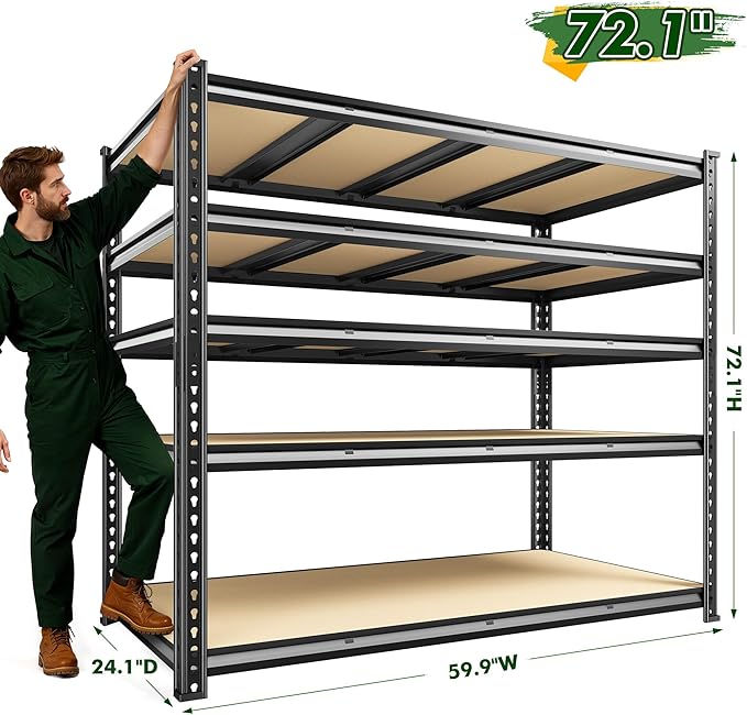 59.9" W Garage Shelves 2230LBS Metal Shelving, 5 Tier Adjustable Garage Storage Shelves, Heavy Duty Shelving for Storage, Basement, Warehouse, Pantry, Kitchen, 59.9"W x 24.1"D x 72.1"H, Black, 2 Pack