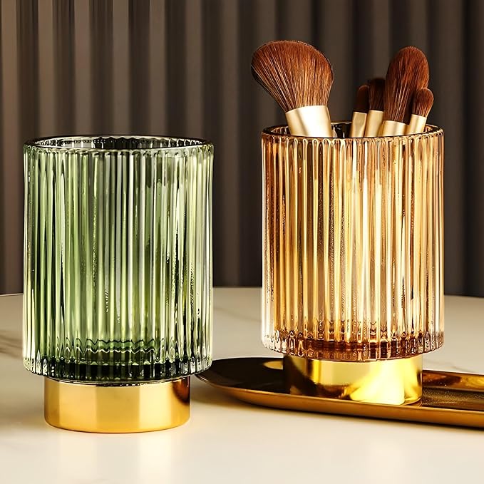 Makeup Brush Holder Organizer, Heavy Crystal Glass Brush Storage Holder, Vintage Cosmetic Make Up Bathroom Brushes Cup Pen Pencil Toothbrush Holder Striped Vase (Large (green))