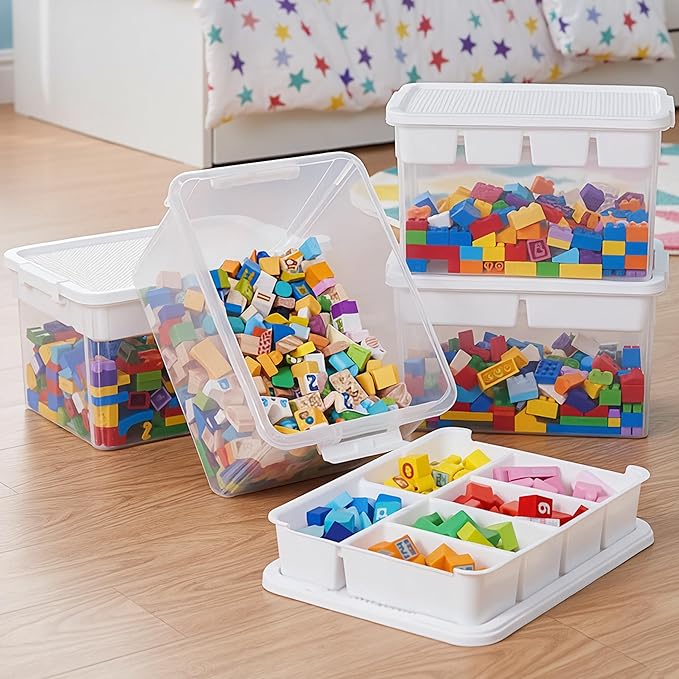 Citylife 32 QT Stackable Toy Storage with Building Baseplate Lid and Removable Tray Tool Box Organizer Storage Bins with Lids for Organizing Bead, Tool, Sewing, 2 Packs