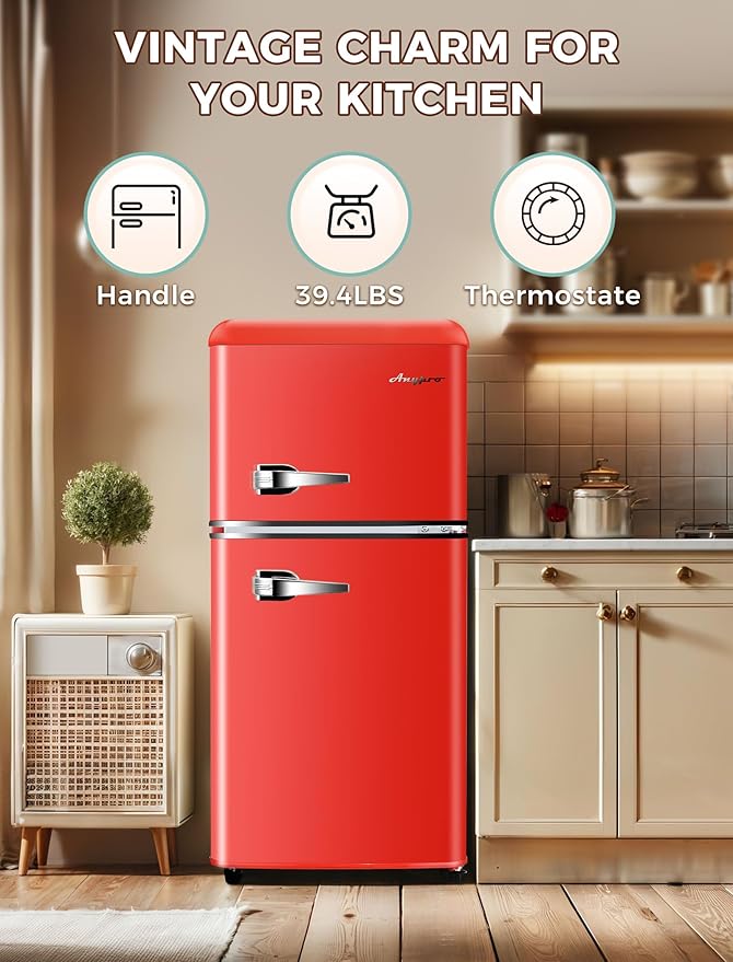 3.2 Cu.Ft Retro Fridge with Freezer, Double Door Refrigerator with 7 Level Thermostat, Low Noise, Adjustable Removable Glass Shelves for Bedroom Office Apartment Dorm Bar, Red