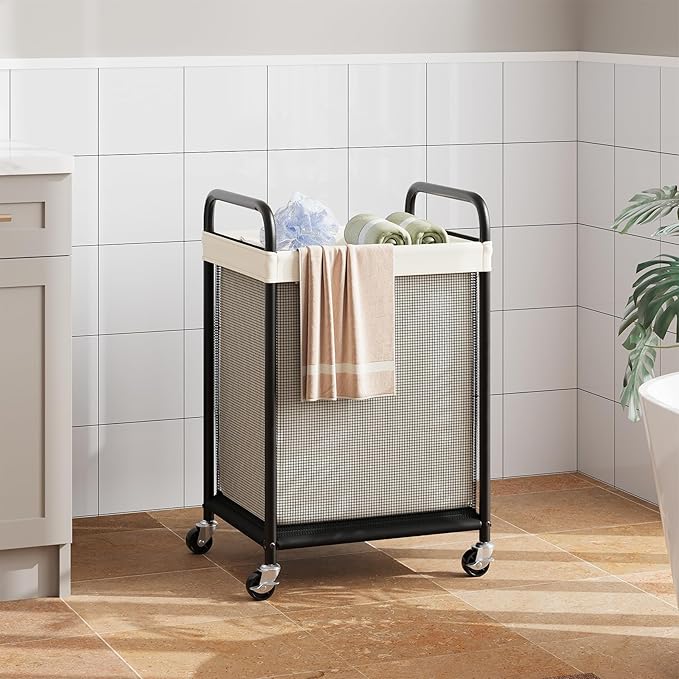 ELYKEN Laundry Basket with Wheels, 80L Rolling Laundry Hamper with Removable Liner Bag, Laundry Sorter with Metal Handle, Clothes Hamper Cart for Laundry Room, Bedroom, Bathroom and Dorm