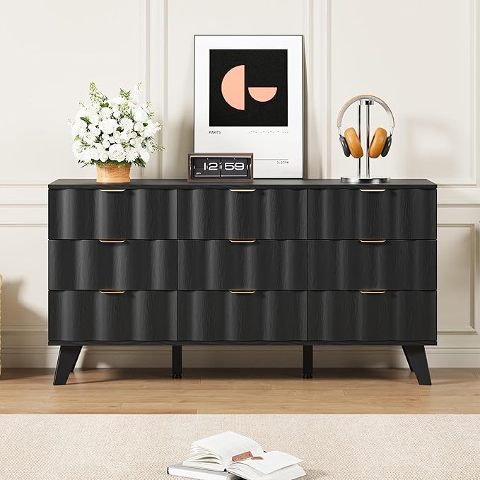 9 Drawer Dresser, Modern Fluted Storage Dresser with Deep Drawers and Metal Handles, Wood Chest of Drawers Storage Organizer for Bedroom, Living Room, Hallway (Black)