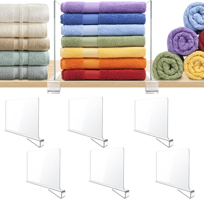 6 Pack Clear Acrylic Shelf Dividers for Closet Shelf Organizer of Bedroom Kitchen Office Bathroom Organizer for Clothes Books Hats and Handbags