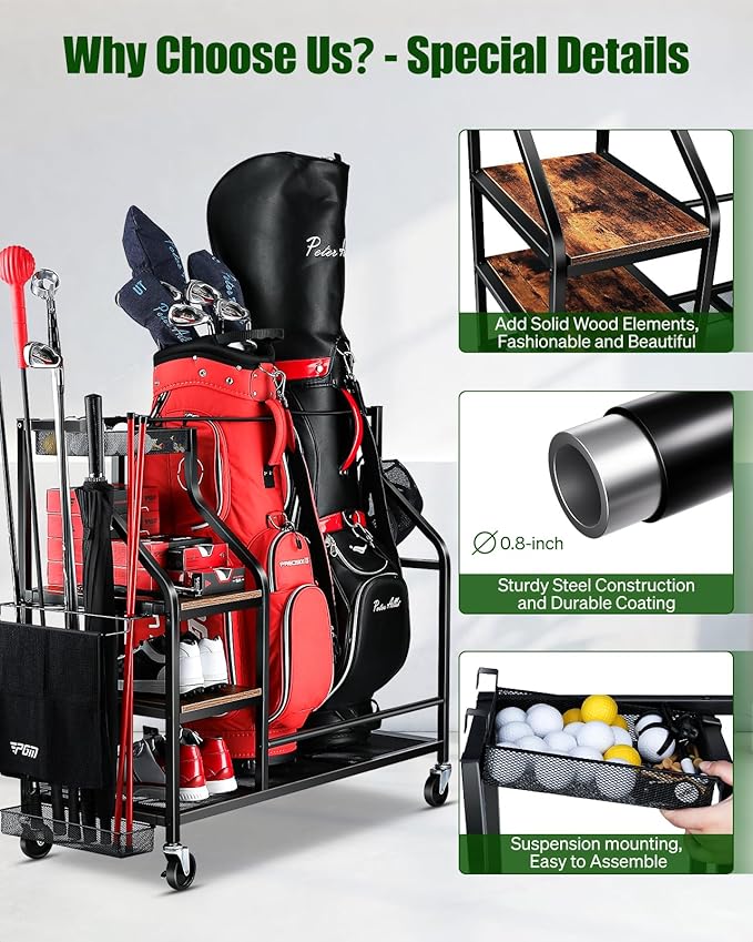 Golf Bags Storage Garage Organizer- Golf Bag Stand for Golf Bags, Clubs, Balls, Golf Equipment Accessories, Golf Bag Storage Rack with Wheels for Garage, Club, Basement