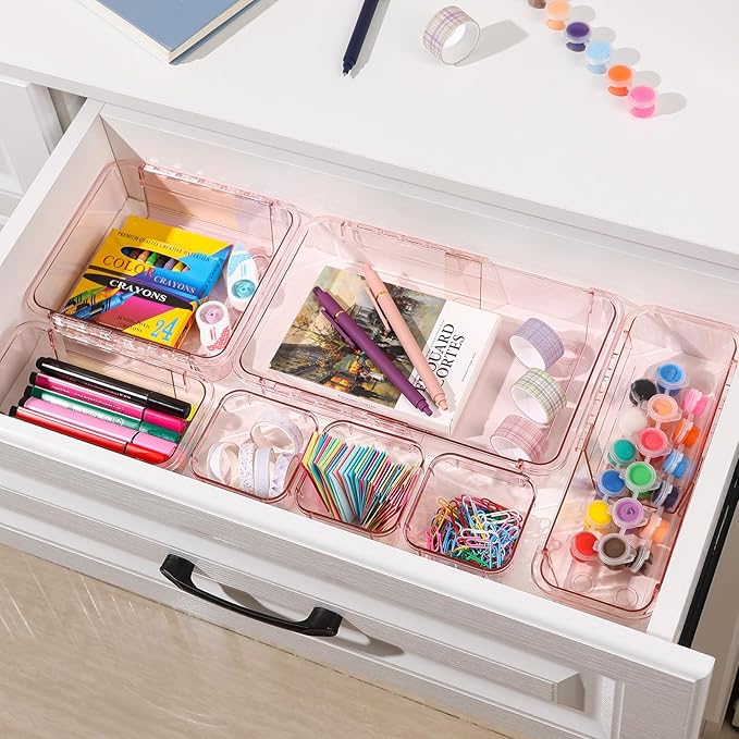 14 Pcs Adjustable Clear Drawer Organizer, Extendable Vanity Storage Bins, Desk Drawer Organizer Set for Makeup, Cosmetics, Bedroom, and Gadgets, Pink