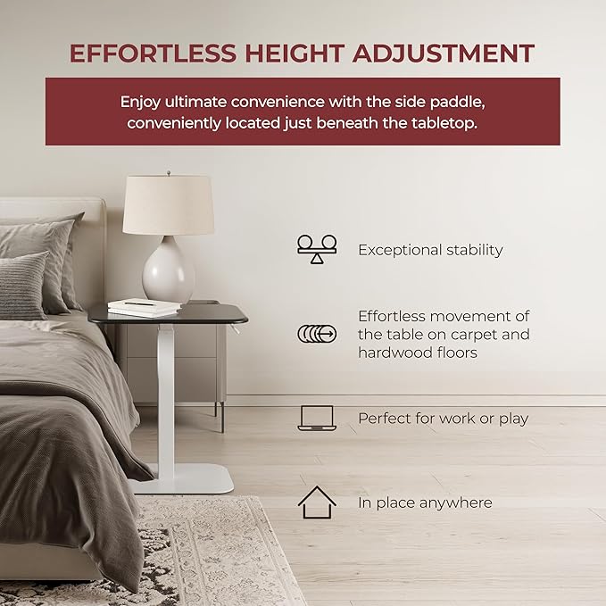 Ergohome™ ELEVANCE Table™ Height Adjustable Side Table for Couch or Bed, Laptop Table - Small End Table Office Coffee Table - C-Shaped Sofa Side Table with Multi-Function (White Base Carbon Top)