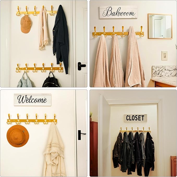 Dseap Coat Rack Wall Mount 2.0 Pro: 24” Long, 3X Tougher, Heavy Duty Stainless Steel Wall Coat Hanger with 6 Tri Hooks for Clothes Jackets Hats Entryway Closet, Gold