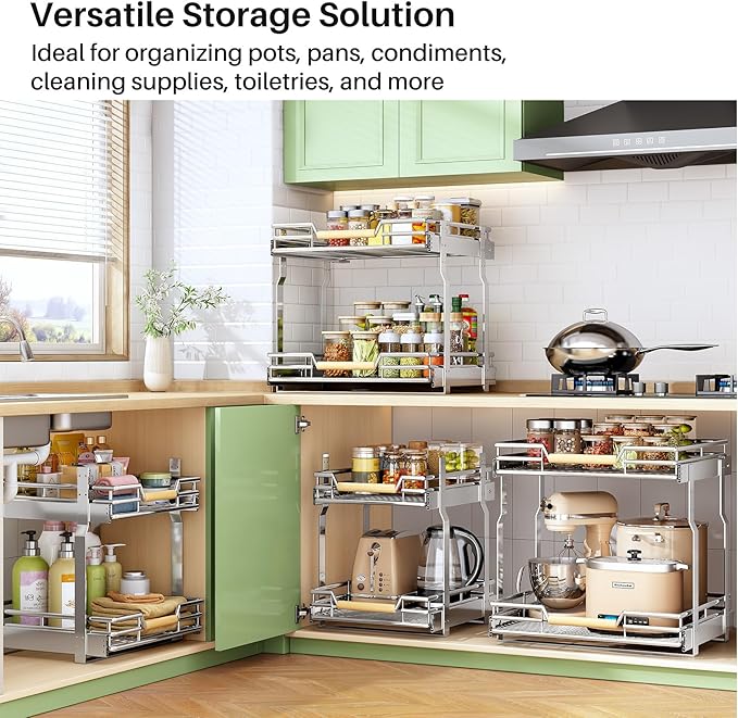 Pull out Cabinet Organizer, 2 Tiers 23"W X 21"D, Heavy Duty Smooth Sliding Under Cabinet Shelves for Pots and Pans, Full-Extension Roll out Drawers, Slide out Organization for Home Kitchen Pantry