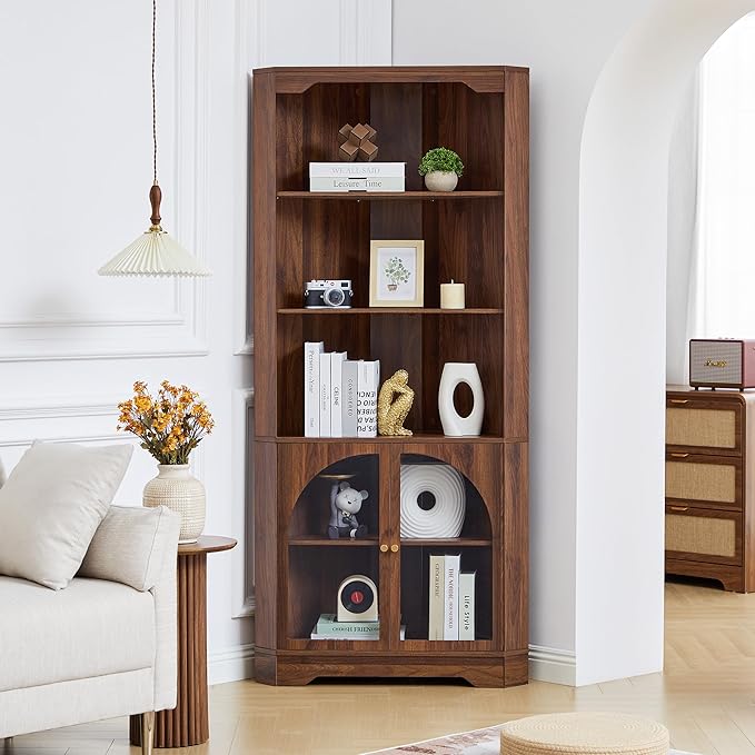 70" H Tall Coner Cabinet with Door & Adjustable Shelves, Mid-Century Farmhouse Wood Storage Cabinet, Home Pantry Hutch for Kitchen, Dining Living Room, Bathroom, Antique Dispaly (Walnut)