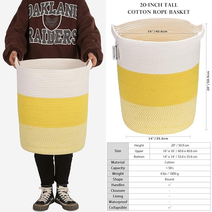 Sea Team Large Size Cotton Rope Woven Storage Basket with Handles, Laundry Hamper, Fabric Bucket, Drum, Clothes Toys Organizer for Kid's Room, 20 x 14 inches, Round Open Design, White & Mottled Yellow