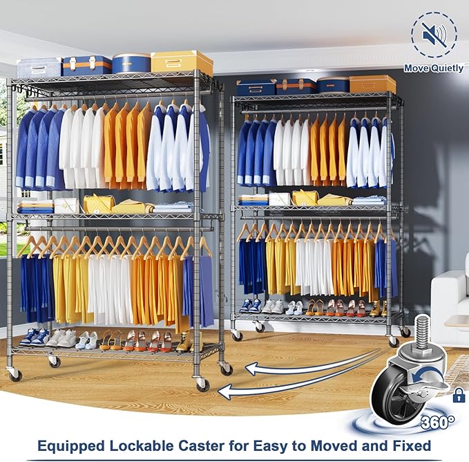 P8 Heavy Duty Clothes Rack（With Extended Width Design） Rolling Clothing Racks for Hanging Clothes，Portable Garment Rack with Lockable Wheels，51.2" W x 15.8" D x 80.5" H，Max Load 700LBS，Grey