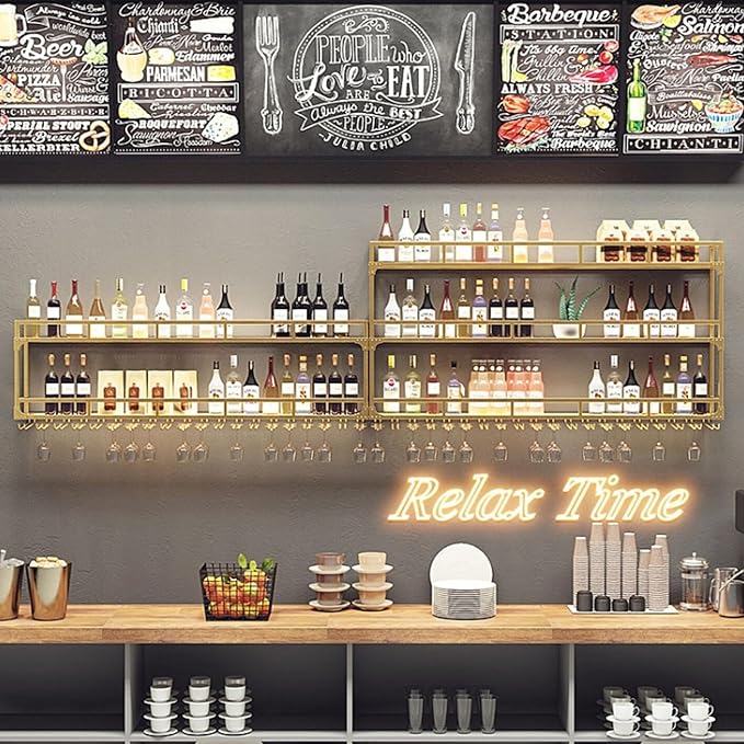 70.8in Wall Mounted Wine Rack, Wine Rack Wall Mounted with Wine Glass Rack, Metal Bar Bottle Display Shelf Wine Cups Hanging Holder, for Home Bar Cafe Decoration (Gold, 70.8 * 10 * 35.5IN)