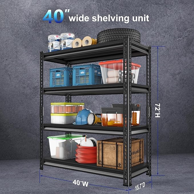 Heavy Duty Garage Shelves - 40''W 1,680Lbs Steel Metal Adjustable Utility Industrial Storage Shelving Rack Units for Warehouse Basement 4 Tier Black 39.3" W x 15.7" D x 62" H