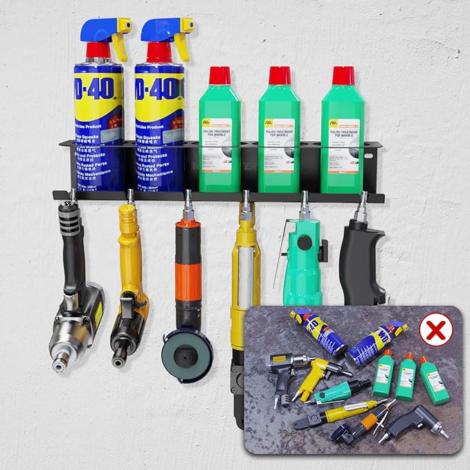 UNITEDPOWER Pneumatic Tool Holder/Aerosol Rack Combo, Wall Mounted Spray Can Bottle Holder, Air tool organizer, for Garage and Workspace, 5 Cans and 6 slots