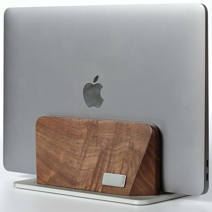 Vertical Laptop Stand, Black Walnut Wood Laptop Holder Vertical for Desk - Heavy Silver Aluminum Base | Adjustable Dock (8-38mm) Fits Most Laptops, MacBooks (Silver Base)