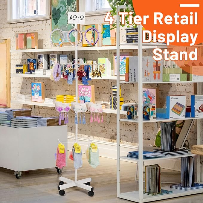 Retail Display Stand Rotating Display Stand 4 Tier Spinning Display Stand for Craft Shows, Jewelry, Keychain, Earring Adjustable Height Retail Display Racks (White)