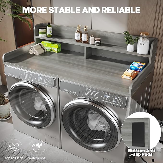 2-Tier Washer and Dryer Countertop with 2.75" H Guard,58" W x 28" D Laundry Countertop Cover with Non-Slip Pad,Large Space Laundry Topper for Folding Clothes Over Washer and Dryer-Stripe Gray