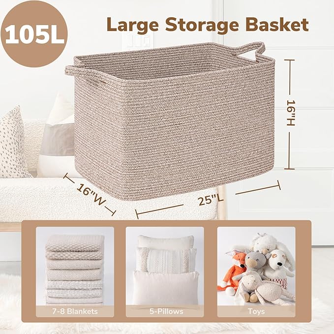 Goodpick 105L Large Woven Storage Basket, Rectangle Cotton Rope Basket for Blankets, Clothes, Oversized Toy Storage Organizer for Living Room, Nursery, 25"x16"x16", Brown
