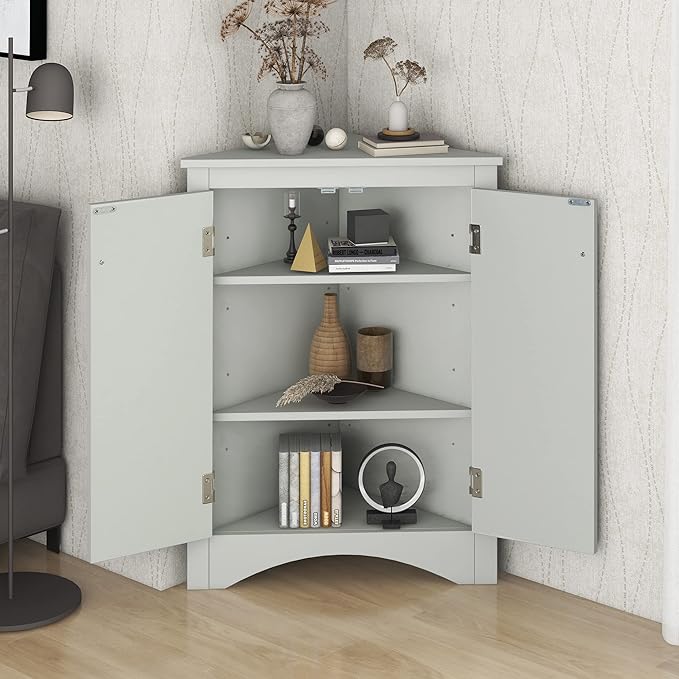 GDFStudio 31.5" H Triangle Corner Bathroom Storage Cabinet with Adjustable Shelves,Freestanding Floor Cabinet for Small Spaces,Water-Resistant Cabinet Modern Organizer for Home,Kitchen,Hallway, Grey
