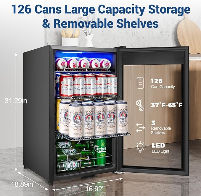 17 Inch Black Beverage Refrigerator- 126 Can Glass Door Beer Cooler with Temp Memory Freestanding Countertop Mini Fridge for Soda, Beer, Drinks Compact Drink Cooler for Home, Bar, Office