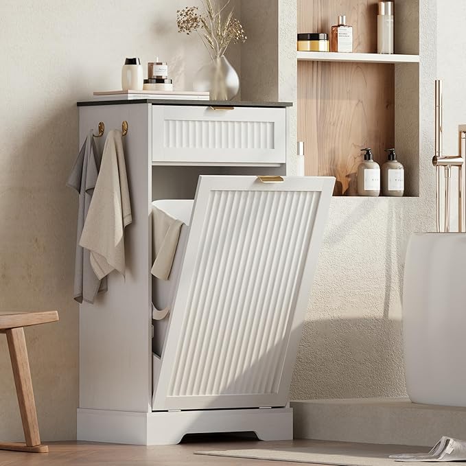 13 Gallons Tilt Out Trash Can Cabinet, Wooden Fluted Trash Garbage Can Cabinet with Drawers, Hidden Laundry Hamper with Hooks for Kitchen Living Room, White
