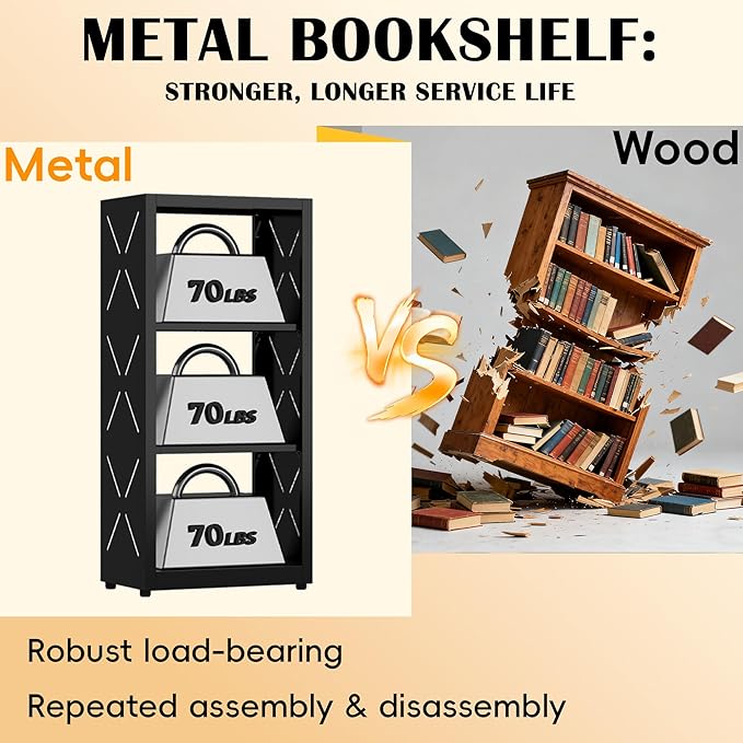Narrow Bookshelf,3 Tier Bookcase,34" Black Metal Small Bookshelf with Adjustable Feet and Adjustable Shelves,Home Office Bookcase Shelf Storage Organizer for Living Room、Kitchen