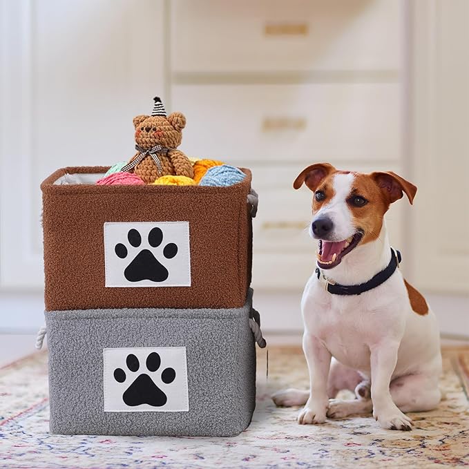 COMFY HOMI 2Pcs Dog Toy Basket with Metal Collapsible Pet Toy Storage Organizer with Handles-Soft Polyester Fleece Fabric Bin Storage Basket for Shelves, Toys Storage Organization 15"x10.2"x9.5"-Brown