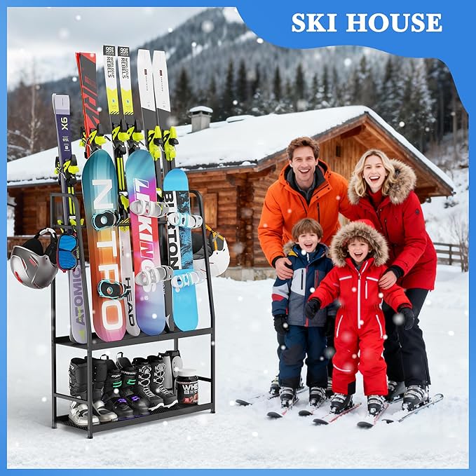 Ski Rack for Garage,Freestanding Snowboard Rack for Ski,Snowboard, Ski Boot, Ski Poles, Goggles, Helmet and More, Heavy Duty Steel Floor Stand Ski Organizer for Garage Basement