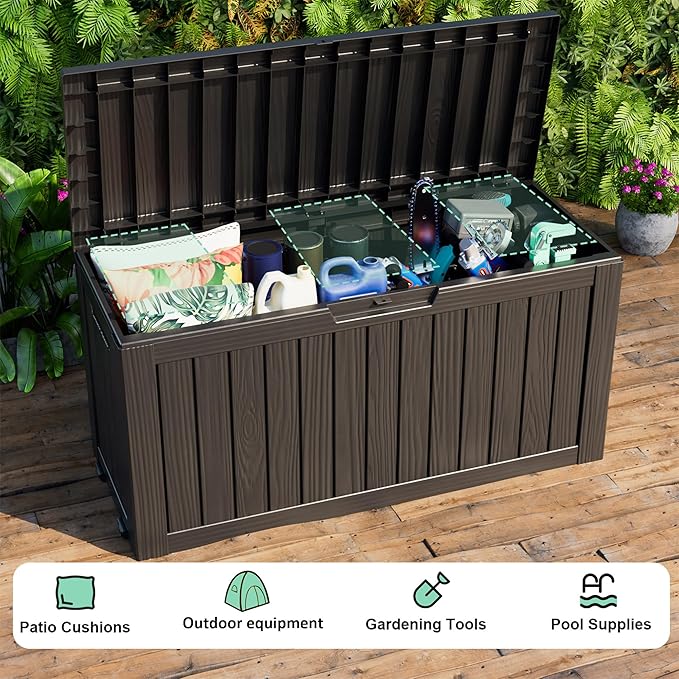 EasyUp 90 Gallon Outdoor Deck Box Waterproof, UV Resistant Resin Outdoor Storage Box for Delivery, Porch, Patio and Garden, Black