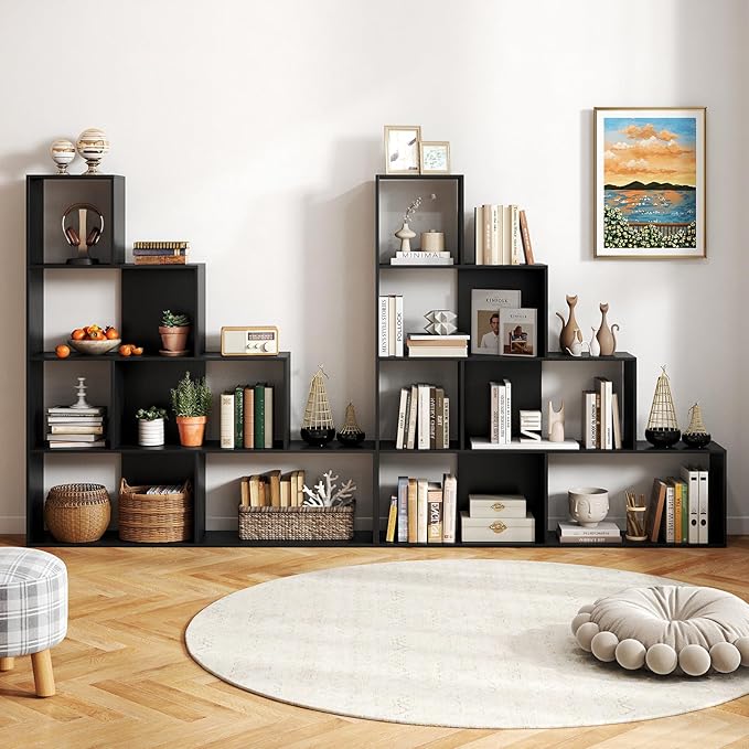 Tangkula 4-Tier Stepped Bookshelf, Freestanding 6 Cubes Ladder Bookcase with Anti-Tipping Kits, 64" Tall Modern Wooden Storage Display Rack for Home Office Living Room Study (1, Black)