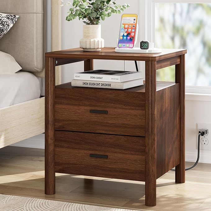 Night Stand with Charging Station, 20" Large Modern Side Table with Solid Round Post Legs, 2 Drawers Nightstand with Open Shelf, End Table/Bedside with Storage for Bedroom, Walnut