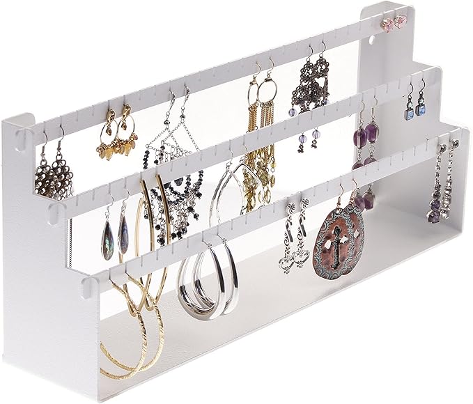 Angelynn's Freestanding or Wall Mounted Earring Holder Organizer Display for Small and Medium Post Stud Dangle Pierced Earrings, Hanging Closet Jewelry Storage Rack, Daelyn White 6" x14 1/2"