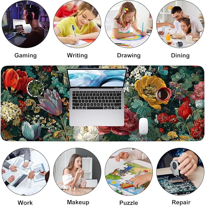 Vintage Oil Painting Floral Mouse Pad – Large Extended Desk Mat 31.5 x 11.8 in– Baroque Style Botanical Design, Waterproof Surface, Non-Slip Rubber Base, Oversized Mouse & Keyboard Pad for Art Lovers