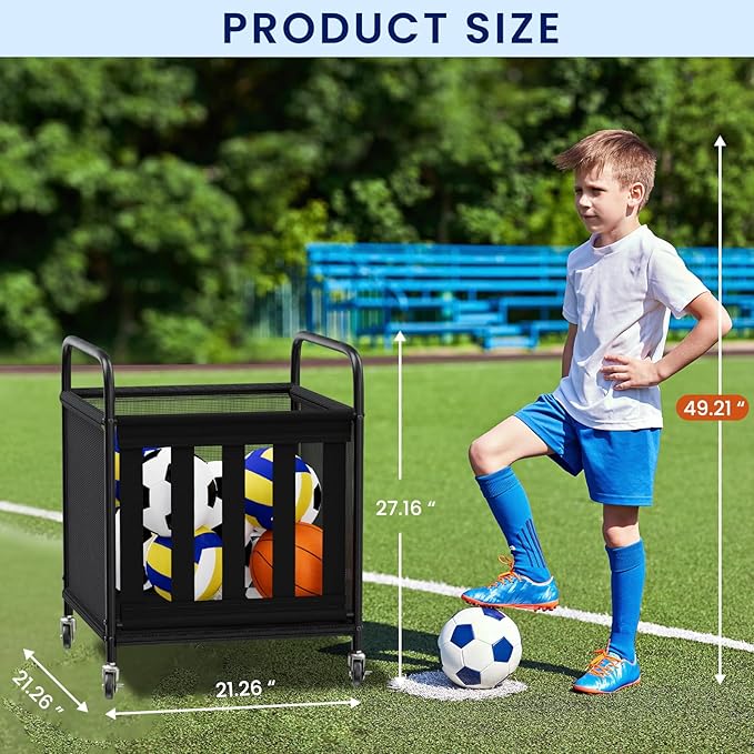 Ball Storage Cart, Sports Equipment Organizer with Wheels, Storing Volleyball, Basketball, Soccer, Baseball and Toy, Lockable Rolling Sports Ball Storage for Garage, Playgroup and Gym