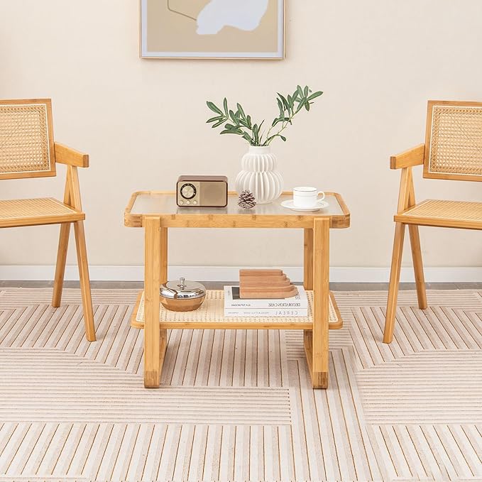 GOFLAME Bamboo Side Table Set of 2 with Glass Top, 2-Tier End Table with PE Rattan Shelf, Ideal for Bedroom, Living Room