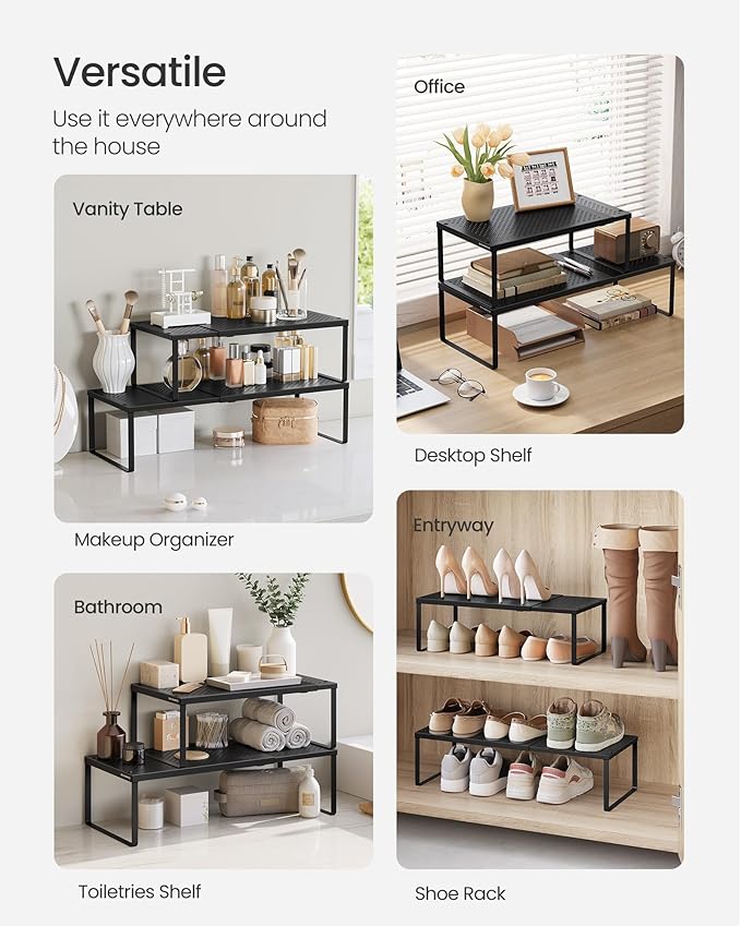 SONGMICS Set of 2 Expandable Pantry Kitchen Organizers, Adjustable Spice Rack, Stackable Cabinet Organizers, Metal, Space-Saving Tabletop Shelves, Matte Black UKCS402B01