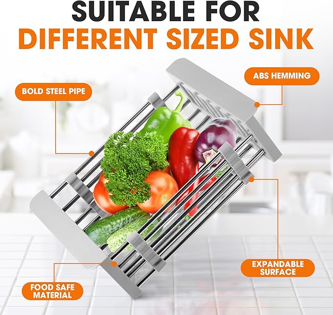Cheer Collection Sink Drying Rack - Over The Sink Retractable Sink Strainer and Drainer for Washing Dishes, Fruits, Vegetables - Fits Kitchen Sinks up to 18" Inches