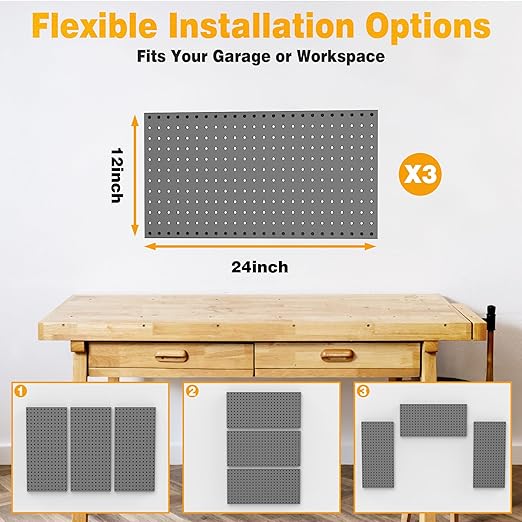Pegboard Smith Metal Pegboard Panels 12" x 24", 3 Pack Black Wall Mounted Tool Organizer Boards, Heavy Duty Tool Storage Peg Board for Garage, Workbench, Office, Fits 1/4" Peg Hooks