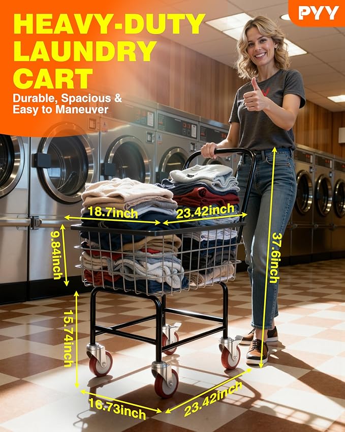 PYY Commercial Laundry Cart - 2 Bushels Heavy Duty 7/8" Welded Metal Cart, 130LBS Capacity, 5-Inch Lockable Wheels, Rubber Bumpers, Rust-Resistant Finish, Easy-Assembly Design, Black