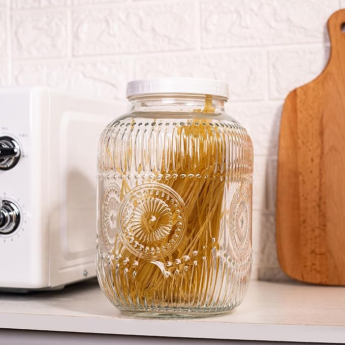 Amzcku 2 Pack 1 Gallon Glass Jar with Lid Wide Mouth, Large Mason Jar with Airtight Screw Lid and Handle, Glass storage containers, Cookie, Candy, Kombucha and fermention