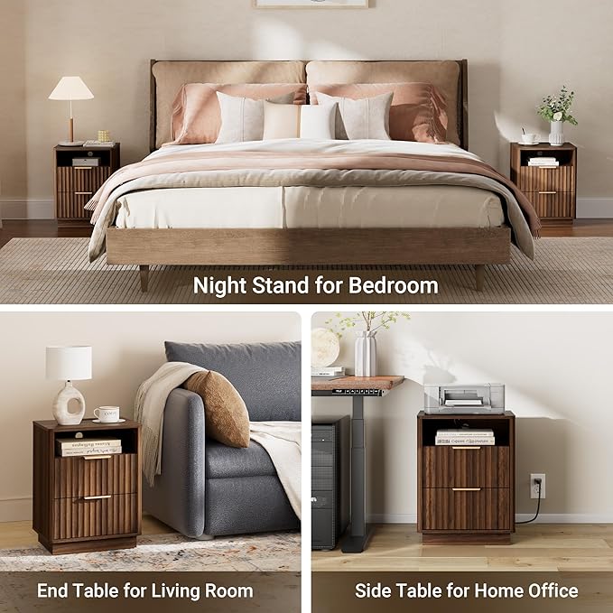 Fluted Night Stand with Charging Station, 18" Mid-Century Modern Nightstand, 2 Drawers End Table with Storage, Bedside Table for Bedroom Sofa Home Office, Curved Profile Design (Walnut)
