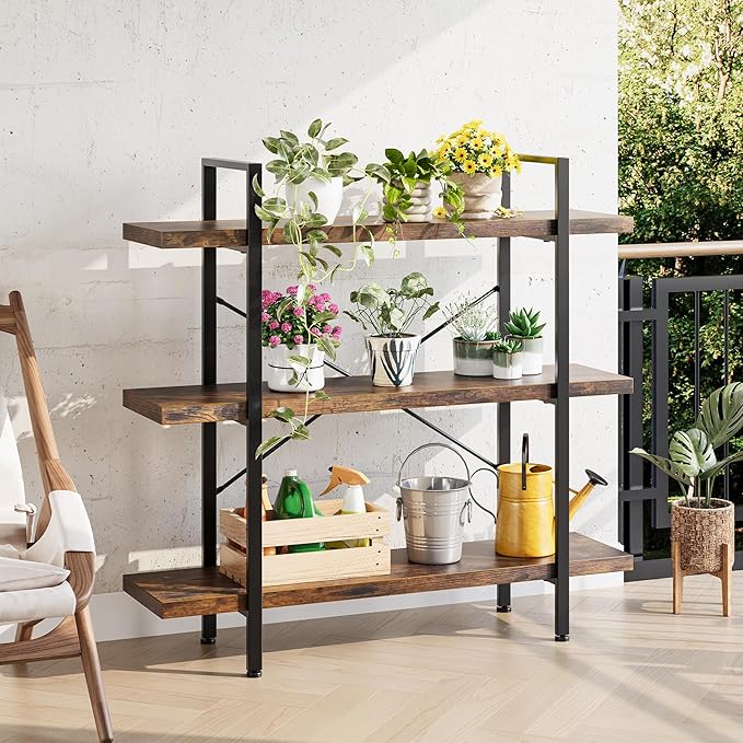 Heavy Duty 3-Tier Industrial Bookcase, 39" Wide Wood Bookshelf for Home Office, 120lbs Shelf Capacity, Rustic Open Shelving Display with Reinforced Horizontal Shelf for Living Room Bedroom