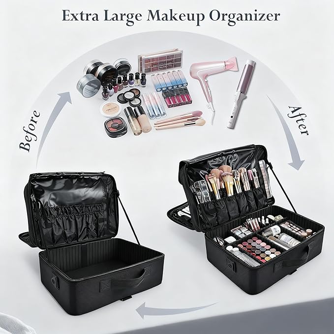 Adazzo Large Makeup Bag, 3 Layers 17” Makeup Case Organizer with Mirror Professional Cosmetic Storage Backpack Box Travel Artist Carrying Vanity Bags with Brush Slot/Shoulder Strap/Attach to Suitcase