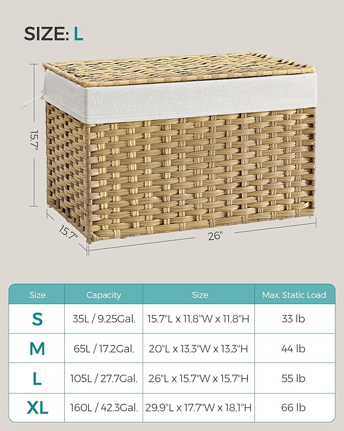 SONGMICS Storage Basket with Lid, Woven Blanket Storage Bin with Handles, Foldable, Removable Liner, Metal Frame, for Bedroom, Laundry Room, 27.7 Gallons (105 L), Natural URST066N01