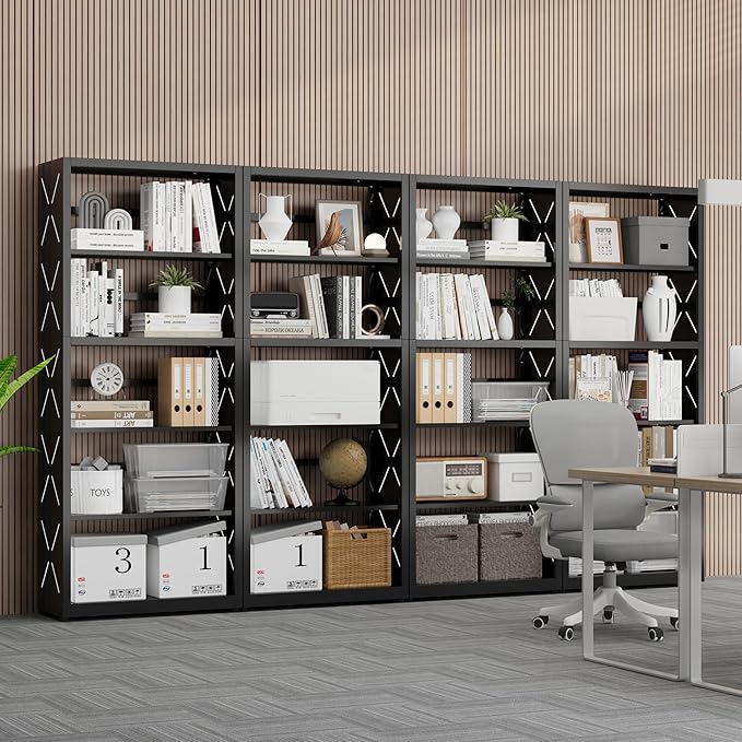 Industrial Bookshelf,5 Tier Bookcase,55" Black Metal Tall Bookshelf with Adjustable Feet and Adjustable Shelves,Home Office Bookcase Shelf Storage Organizer for Living Room、Kitchen