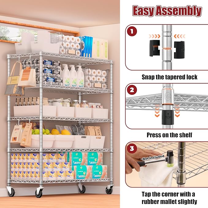 PrimeZone 5 Tier 48" Wx24''Dx81''H Wire Shelving with Wheels 3000lbs NSF Certified Storage Shelves Heavy Duty Metal Shelf Adjustable Rolling Rack Commercial Garage Restaurant Warehouse Chrome 3Pack