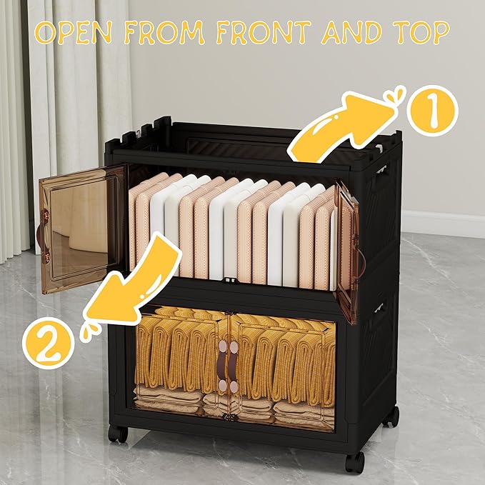 Storage Bins with Lids and Wheels, Collapsible Bathroom Storage Cabinet with Clear Doors, Plastic Stackable Closet Organizers and Storage Containers Black 199 QT